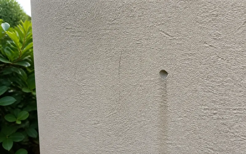 An isolated stucco crack and a small hole on an otherwise sound wall