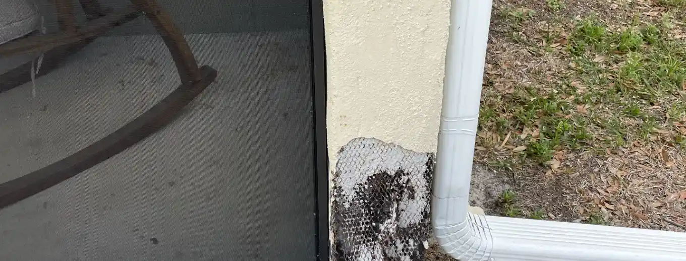 Water damage exposed at a wall corner, cut back to bare lath